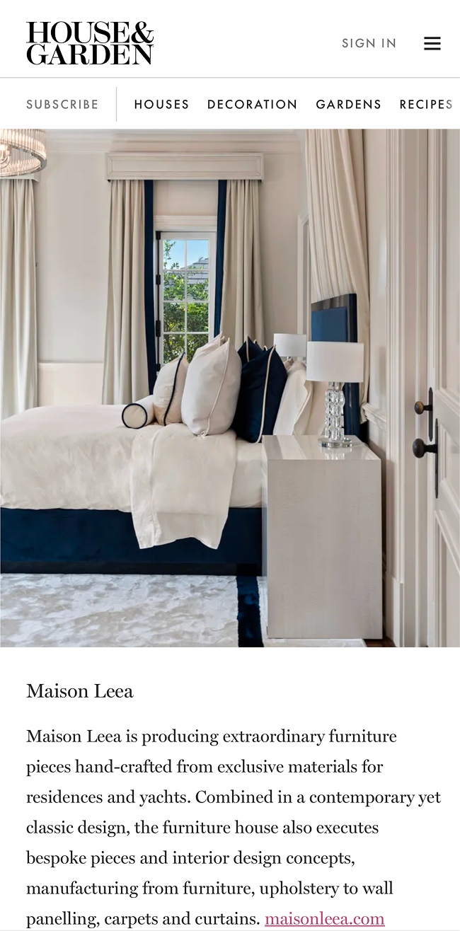 House & Garden Maison Leea article